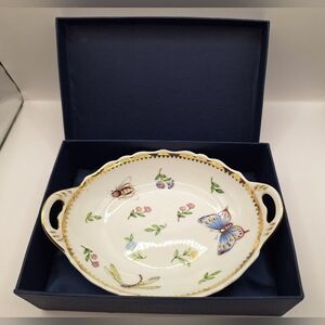 Godinger Primavera Porcelain Dish w/ Handles Butterfly Floral Gold Trim Trinket